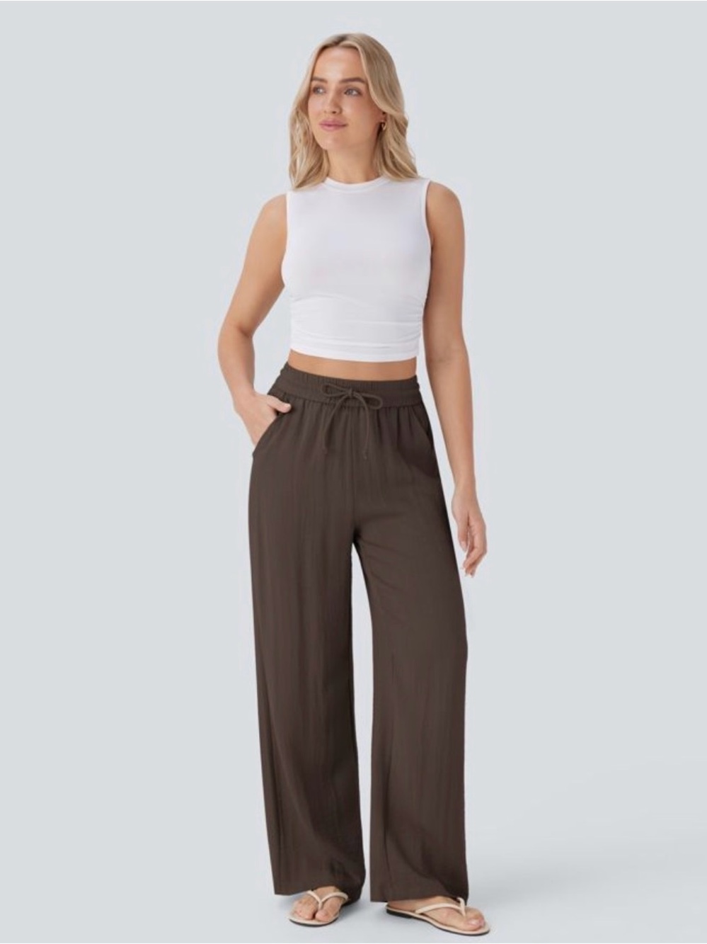 Halara high waisted drawstring wide leg linen feel pants